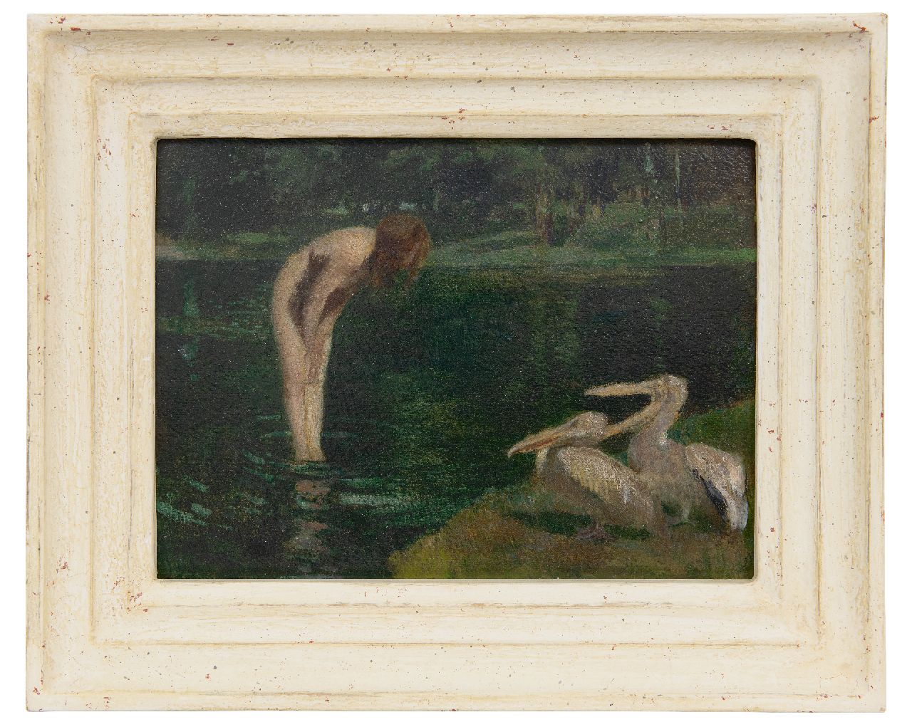 Geffcken W.  | Walter Geffcken | Paintings offered for sale | Encounter on the lakeside, oil on board laid down on panel 20.9 x 28.1 cm, signed l.l.