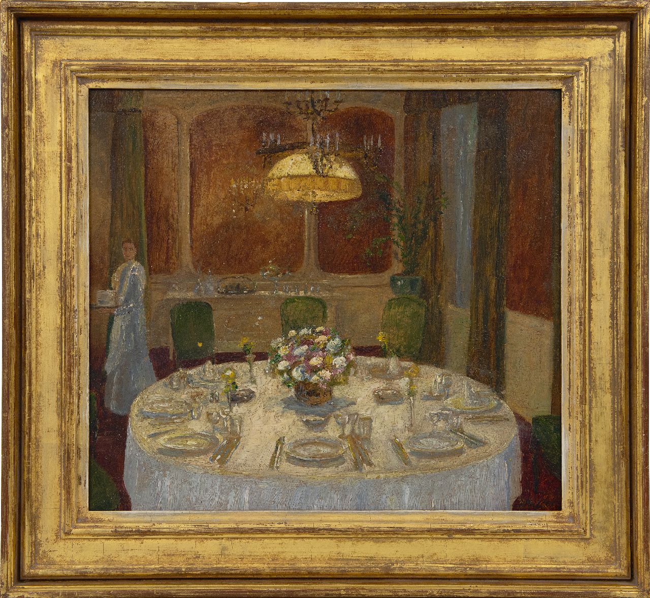 Duitse School (2e helft 19e eeuw)   | Duitse School (2e helft 19e eeuw) | Paintings offered for sale | Woman at a festively set table, oil on board 36.0 x 38.5 cm, signed l.r.