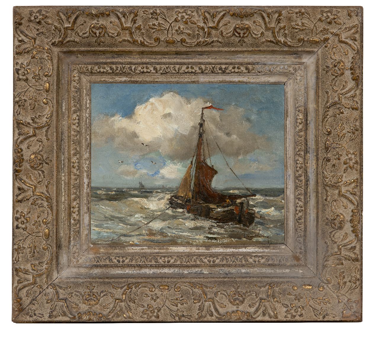 Waning C.A. van | Cornelis Anthonij 'Kees' van Waning | Paintings offered for sale | Fishing barge moored in the surf, oil on canvas 25.2 x 31.0 cm, signed l.r.