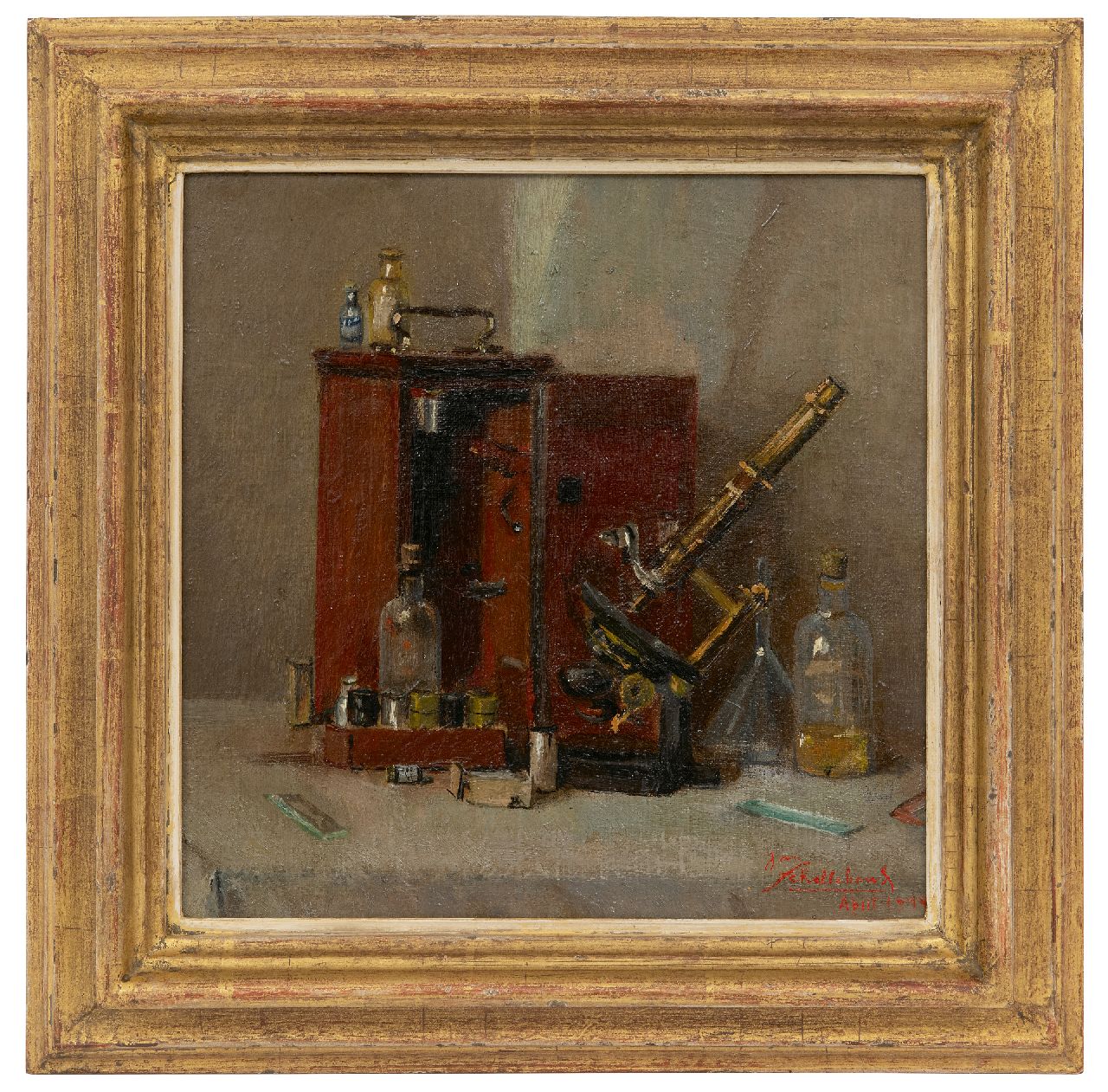 Schellekens J.  | Jan Schellekens | Paintings offered for sale | Still life of pharmacy instruments, oil on canvas 25.0 x 25.0 cm, signed l.r. and dated April 1944