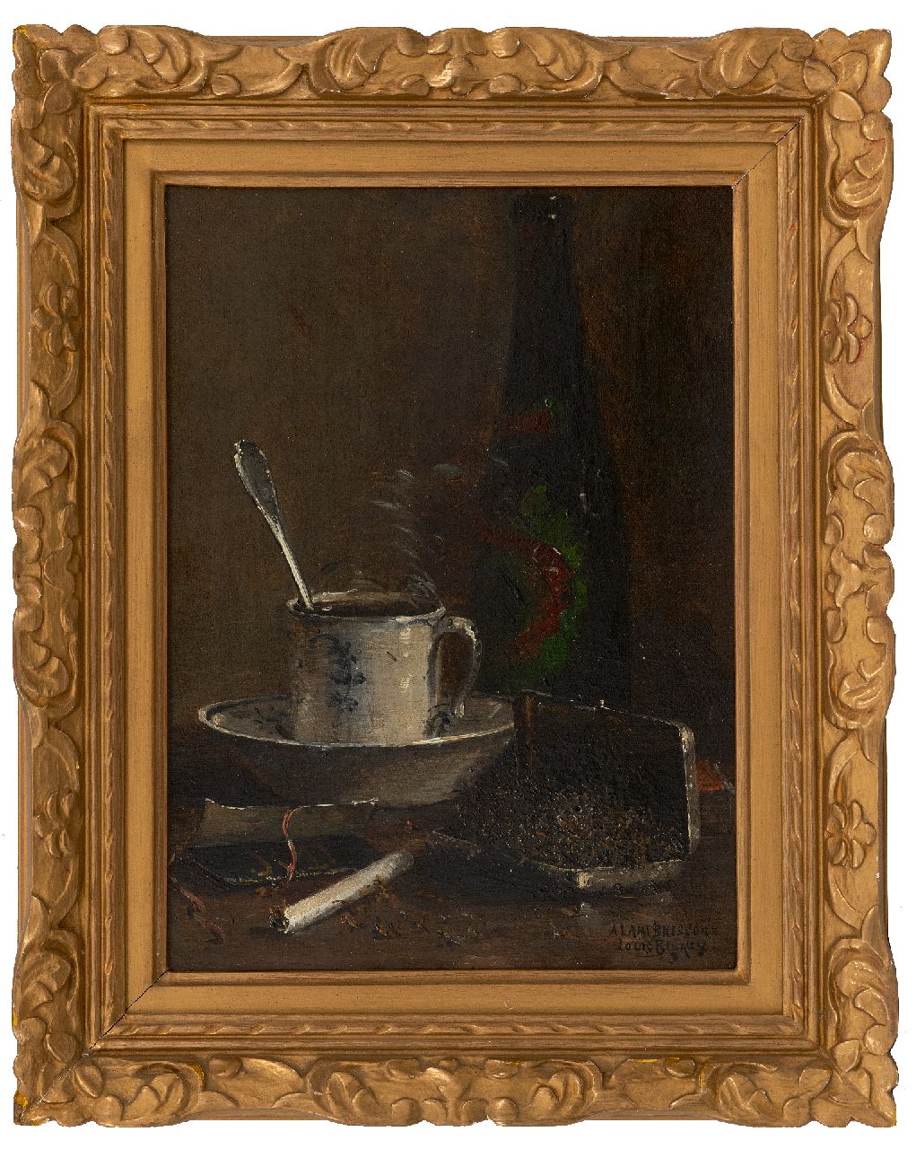 Bigaux L.F.  | Louis Félix Bigaux | Paintings offered for sale | Still life with tobacco box, cigarette and cup and saucer, oil on canvas 32.4 x 24.6 cm, signed l.r.