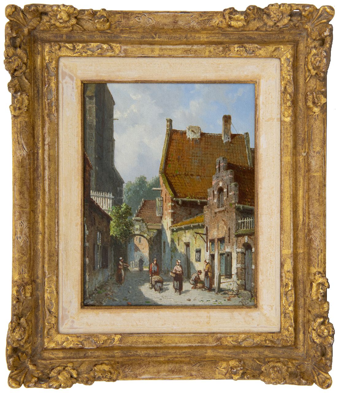 Eversen A.  | Adrianus Eversen, A sunny street behind the church, oil on panel 19.1 x 14.9 cm, signed l.r. with monogram and on the reverse in full
