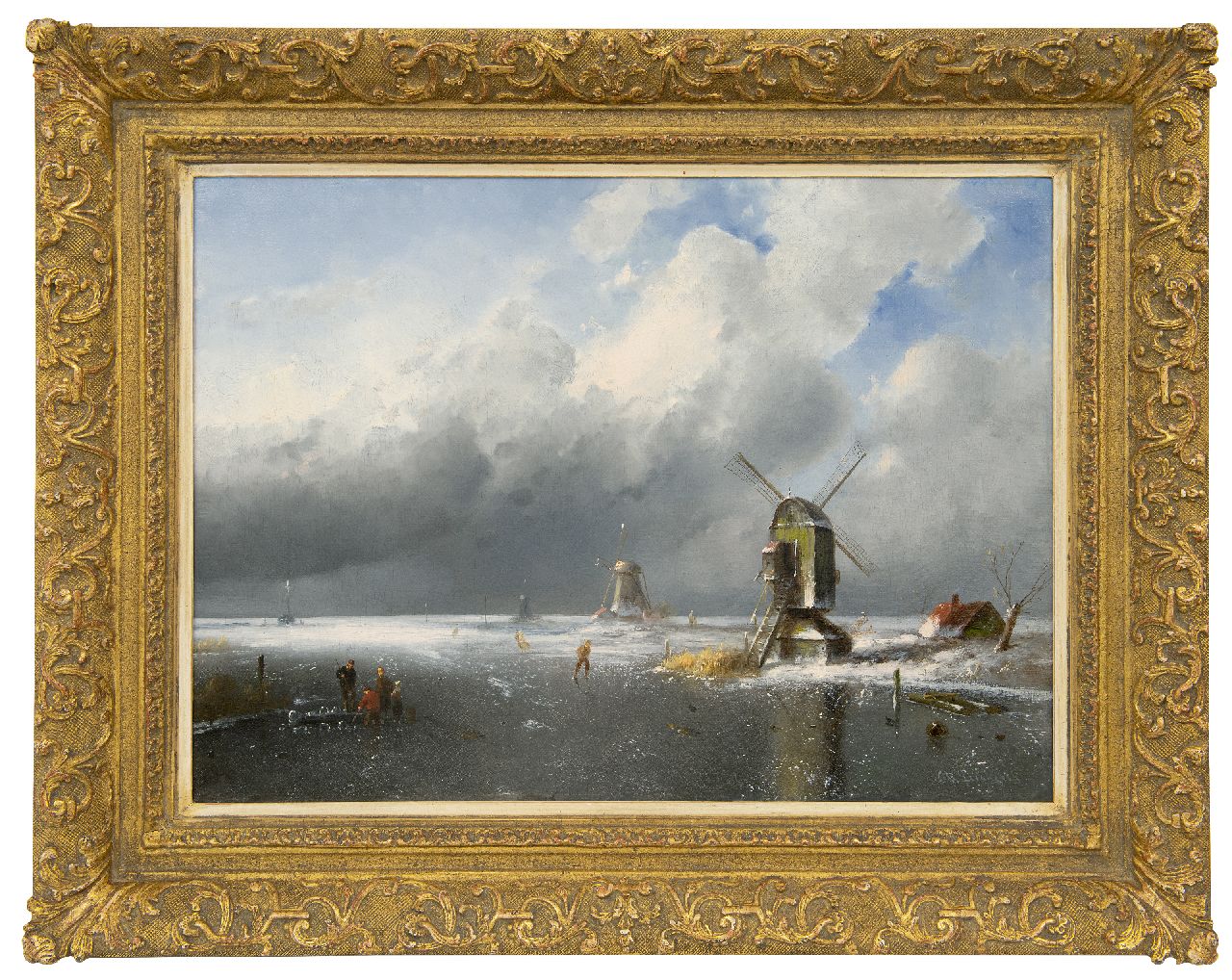 Leickert C.H.J.  | 'Charles' Henri Joseph Leickert, Figures on the ice in an approaching snowstorm, oil on canvas 42.2 x 58.2 cm, signed l.r.