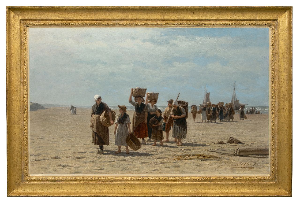 Sadée P.L.J.F.  | Philip Lodewijk Jacob Frederik Sadée, Bringing in the catch, Scheveningen, oil on canvas 80.8 x 130.3 cm, signed l.r.
