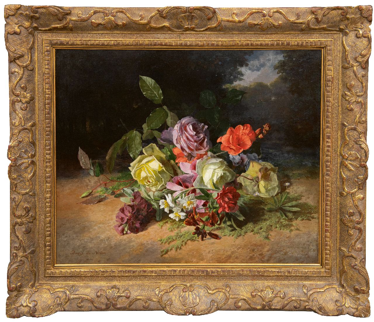 Noter D.E.J. de | 'David' Emile Joseph de Noter | Paintings offered for sale | Roses and summer flowers on the forest floor, oil on canvas 46.3 x 55.1 cm, signed l.l. and on the stretcher