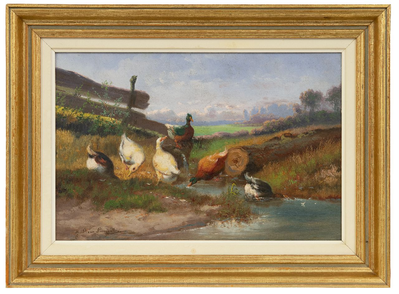 Leemputten J.L. van | Jef Louis van Leemputten, Ducks along a pond, oil on canvas 24.0 x 36.5 cm, signed l.l.