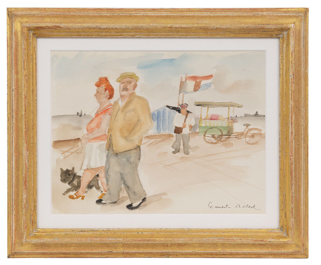 Albert E.  | Ernest Albert | Watercolours and drawings offered for sale | Couple with dog on the boulevard, watercolour on paper 26.0 x 35.0 cm, signed l.r.