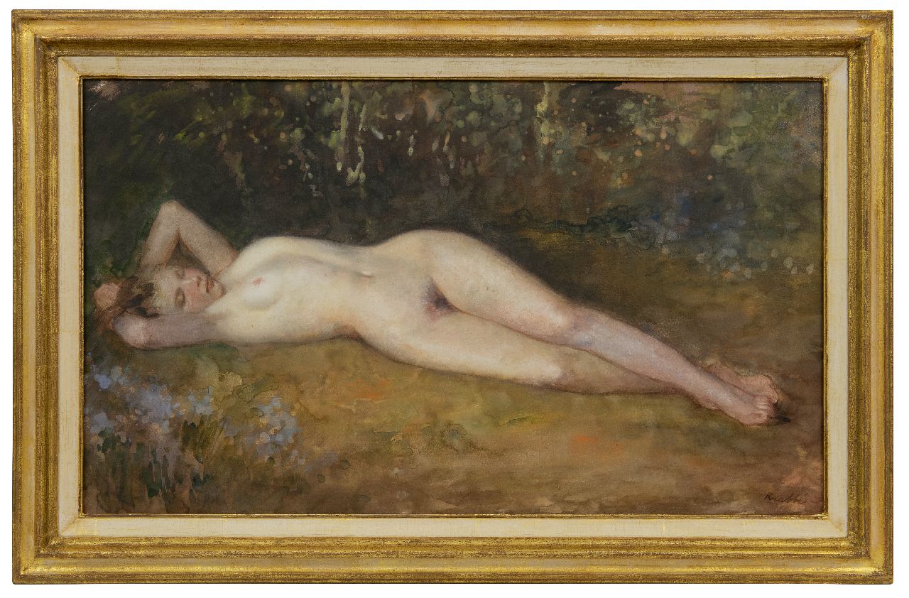 Krabbé H.M.  | Heinrich Martin Krabbé | Watercolours and drawings offered for sale | Reclining nude in a forest, watercolour on paper laid down on board 51.9 x 88.5 cm, signed l.r.