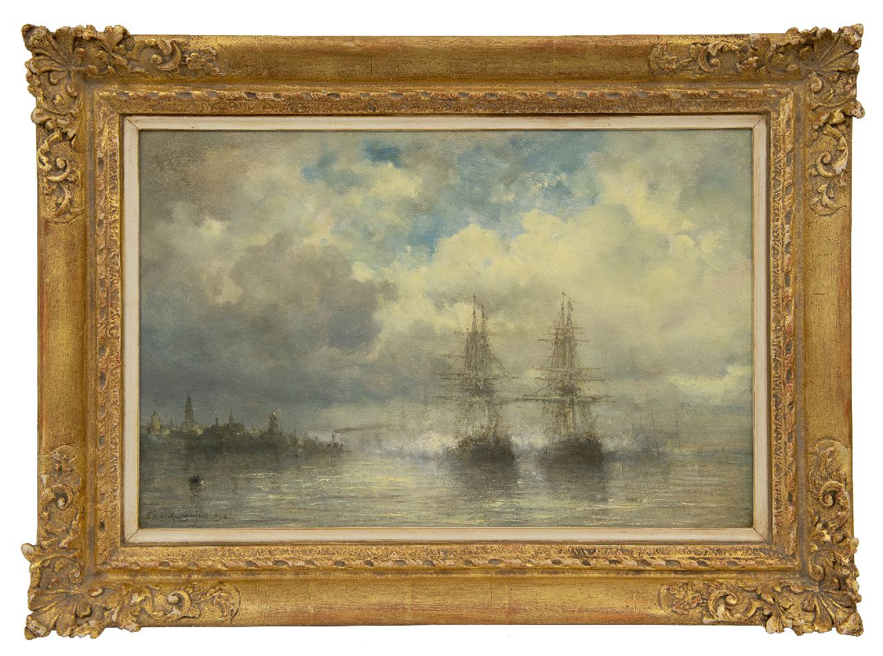 Schaefels H.F.  | 'Hendrik' Frans Schaefels | Paintings offered for sale | Three-masters on the Scheldt near Antwerpen, oil on panel 31.5 x 48.0 cm, signed l.l. and dated 1890