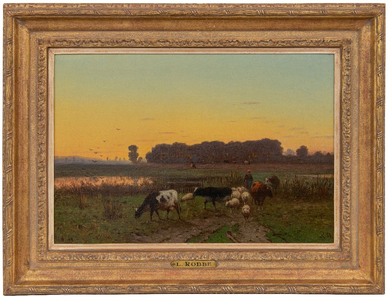Robbe H.A.  | Henri Alexander Robbe | Paintings offered for sale | Shepherdess and cattle on their way home, oil on canvas 34.1 x 49.8 cm, signed l.r.
