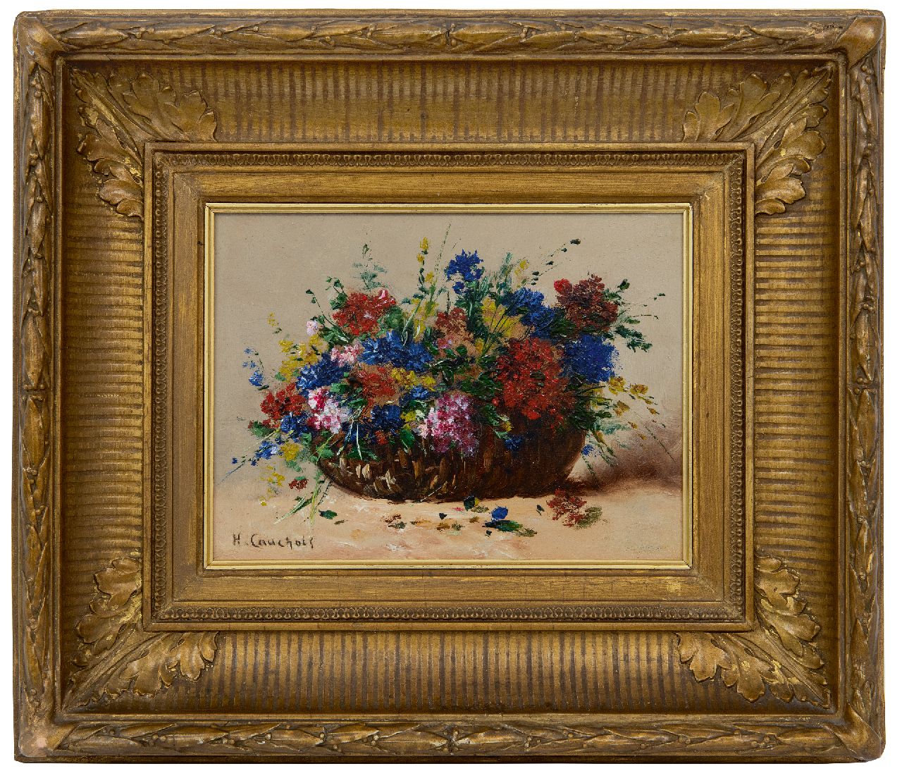 Cauchois E.H.  | Eugène-Henri Cauchois, Summer flowers in a basket, oil on panel 16.8 x 24.1 cm, signed l.l.