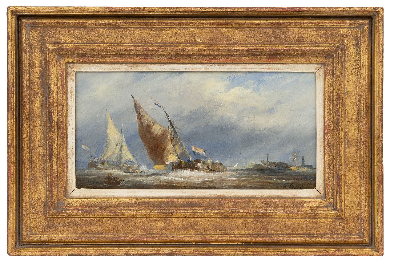 Prooijen A.J. van | Albert Jurardus van Prooijen | Paintings offered for sale | Sailing sjalks in stormy weather, oil on panel 14.7 x 29.4 cm, signed l.r.