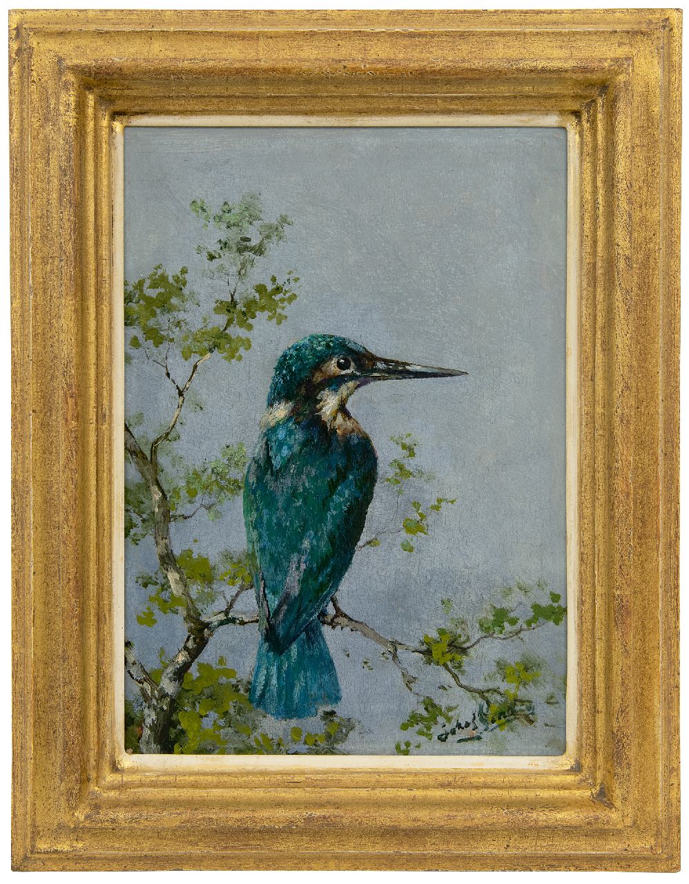 Gindra H.J.  | Hubert Joseph 'Jozef' Gindra | Paintings offered for sale | Kingfisher on a branch, oil on panel 28.5 x 20.1 cm, signed l.r.
