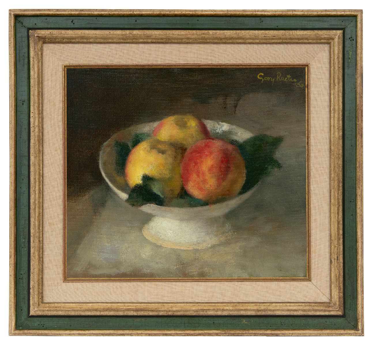 Rueter W.C.G.  | Wilhelm Christian 'Georg' Rueter | Paintings offered for sale | Peaches in white bowl, oil on canvas 28.0 x 32.2 cm, signed u.r. and dated '60
