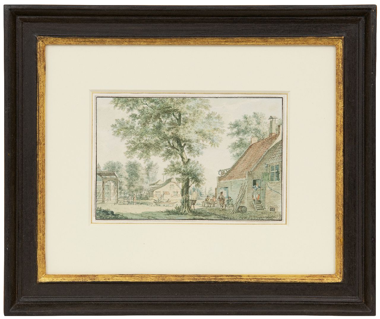 Schmidt I.  | Izaäk Schmidt | Watercolours and drawings offered for sale | Village view with figures at an inn, watercolour on paper 12.6 x 18.3 cm, signed on the reverse