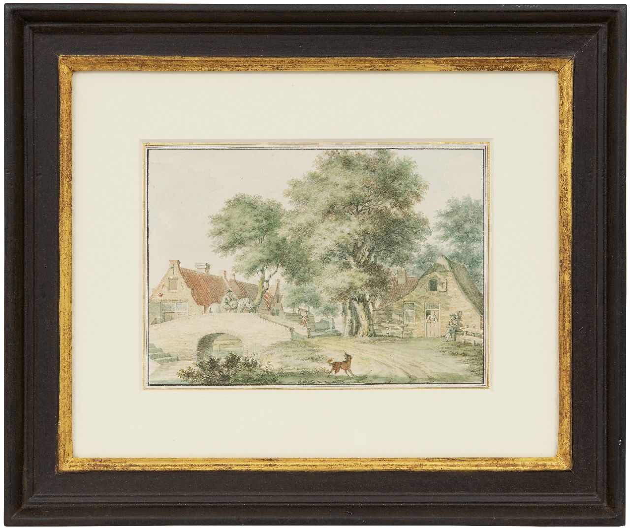 Schmidt I.  | Izaäk Schmidt | Watercolours and drawings offered for sale | Village view with figures near a stone bridge, watercolour on paper 14.1 x 20.1 cm, signed on the reverse