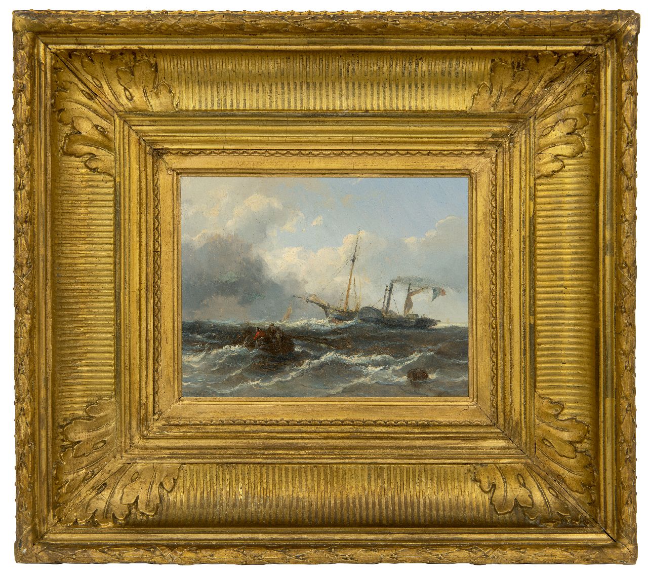 Meijer J.H.L.  | Johan Hendrik 'Louis' Meijer | Paintings offered for sale | Rowing boat and a steamship at sea, oil on panel 14.9 x 19.0 cm, signed l.r.