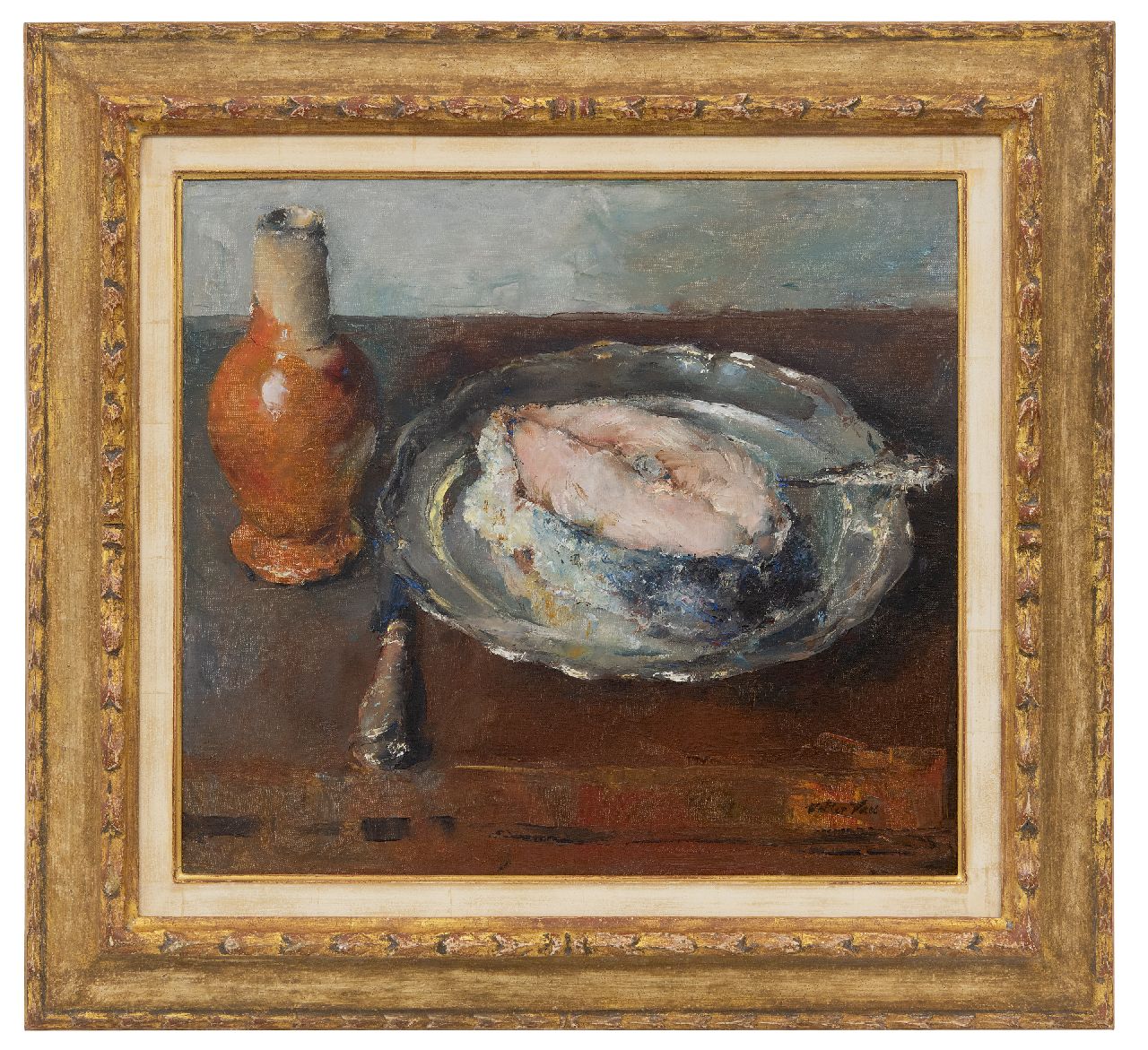 Vaes W.  | Walter Vaes | Paintings offered for sale | Fish on a tin plate, oil on canvas 40.1 x 45.1 cm, signed l.r.