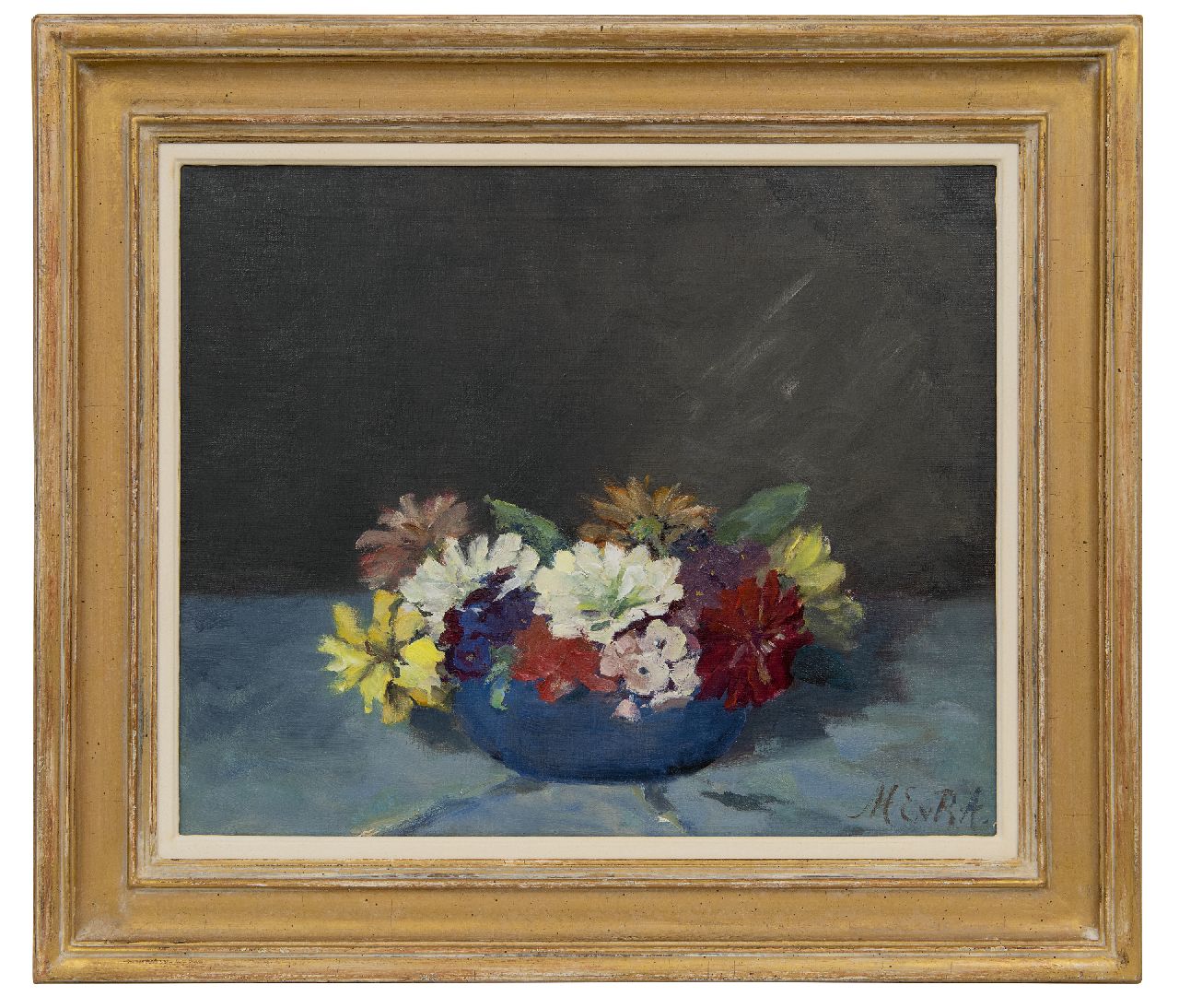Regteren Altena M.E. van | 'Marie' Engelina van Regteren Altena | Paintings offered for sale | Zinnias, oil on canvas 39.2 x 48.3 cm, signed l.r. with initials