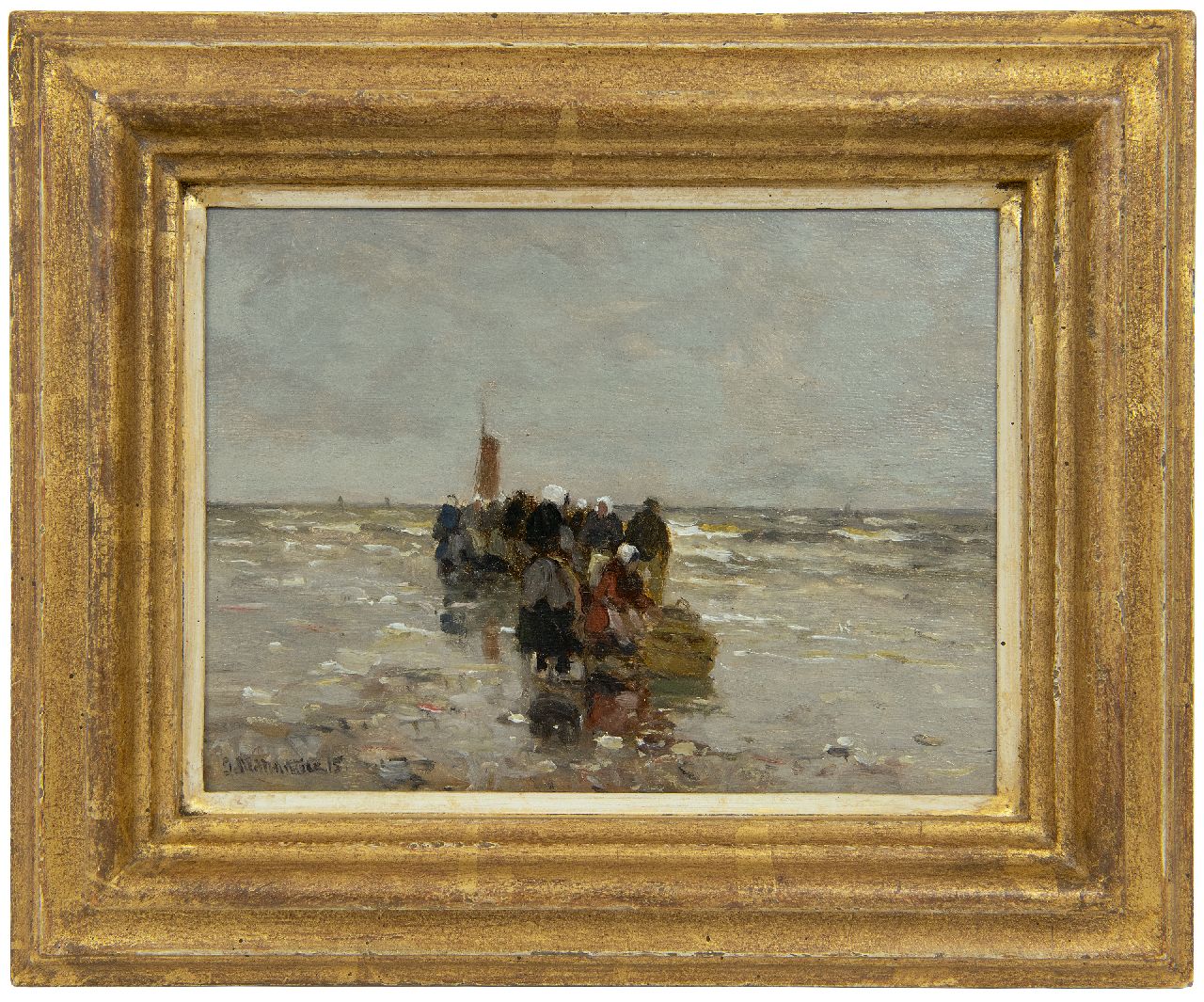 Munthe G.A.L.  | Gerhard Arij Ludwig 'Morgenstjerne' Munthe | Paintings offered for sale | Fishmongers waiting on the beach of Katwijk, oil on panel 16.0 x 21.0 cm, signed l.l. and dated '15