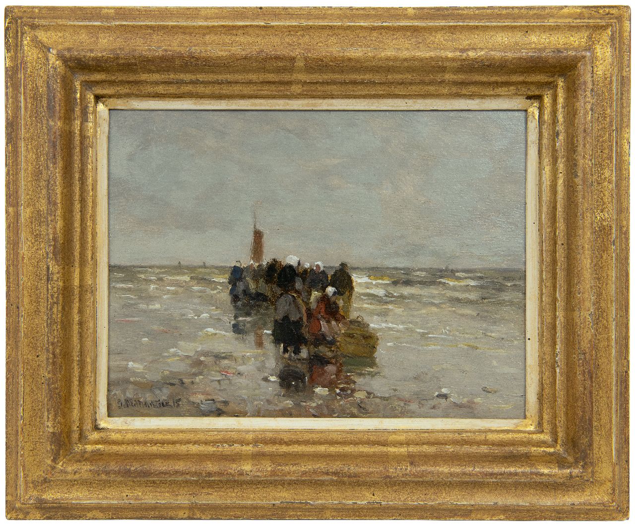 Munthe G.A.L.  | Gerhard Arij Ludwig 'Morgenstjerne' Munthe, Fishmongers waiting on the beach of Katwijk, oil on panel 16.0 x 21.0 cm, signed l.l. and dated '15