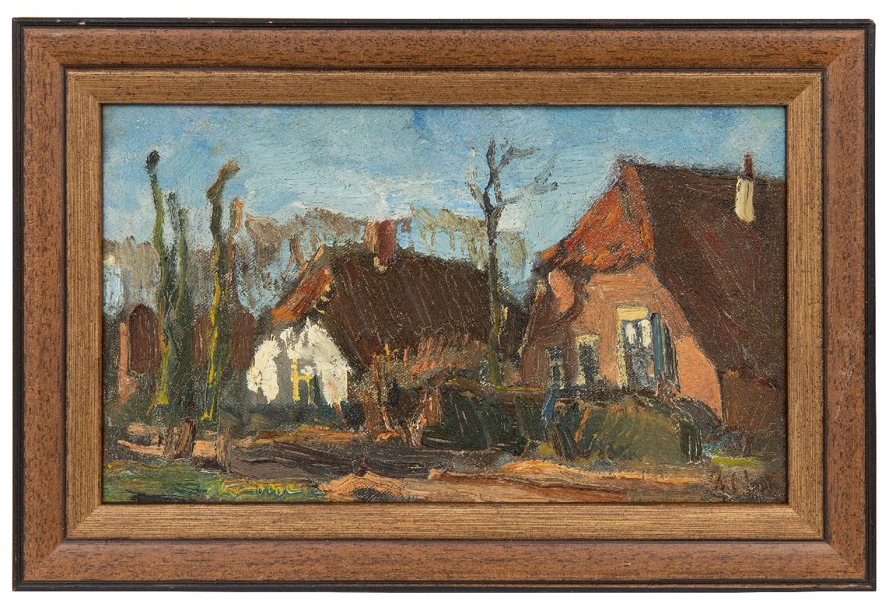 Colnot A.J.G.  | 'Arnout' Jacobus Gustaaf Colnot | Paintings offered for sale | Farms on a village road, oil on canvas laid down on panel 14.8 x 24.7 cm, signed l.r.
