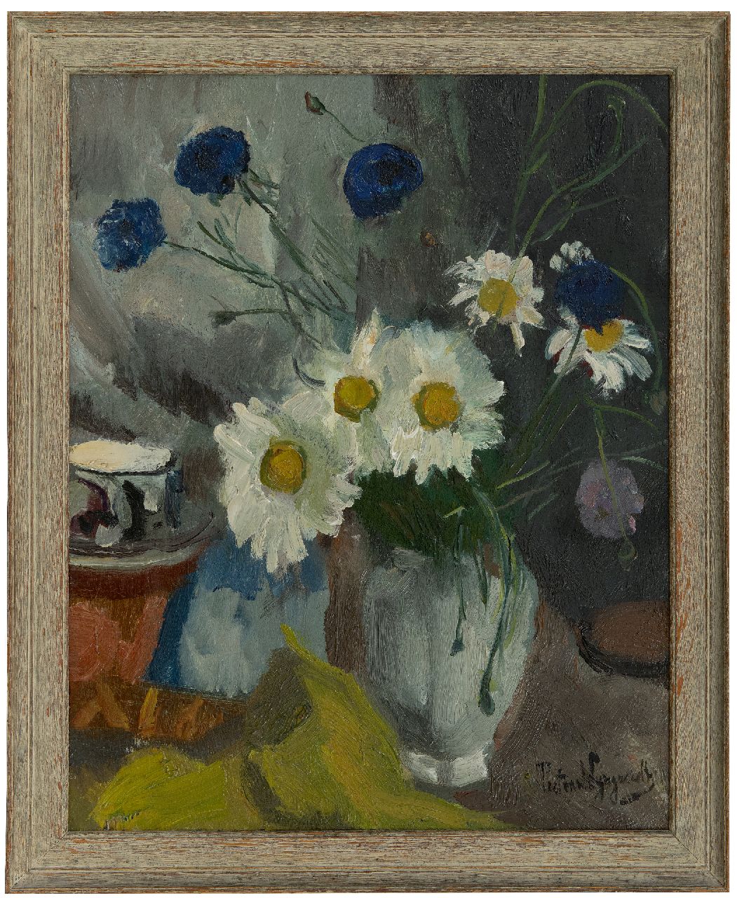 Wijngaerdt P.T. van | Petrus Theodorus 'Piet' van Wijngaerdt | Paintings offered for sale | White daisies and cornflowers, oil on canvas 50.3 x 40.3 cm, signed l.r.