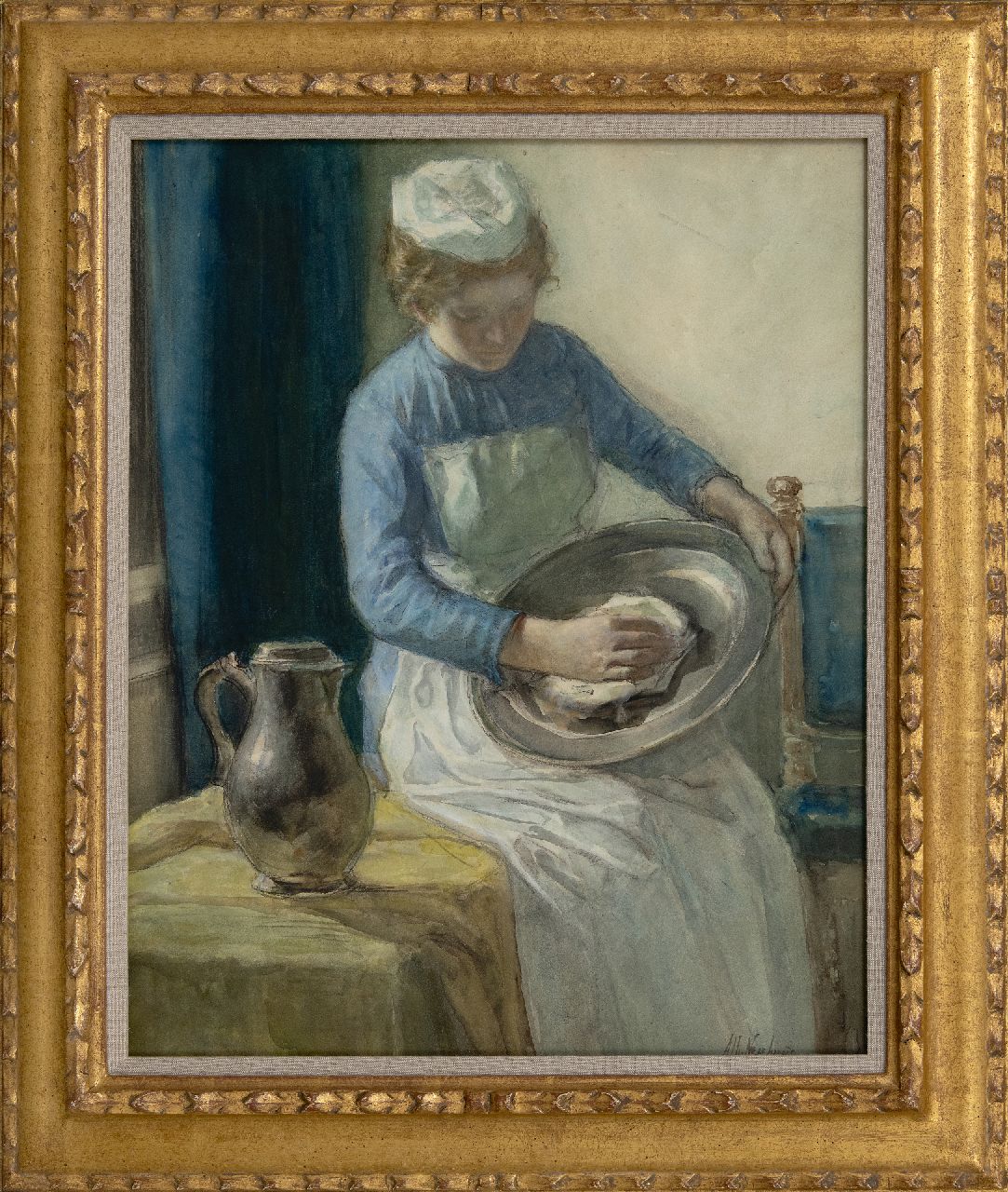 Neuhuys J.A.  | Johannes 'Albert' Neuhuys | Watercolours and drawings offered for sale | Polishing the tin bowl, crayon and watercolour on paper 55.3 x 44.7 cm, signed l.r.