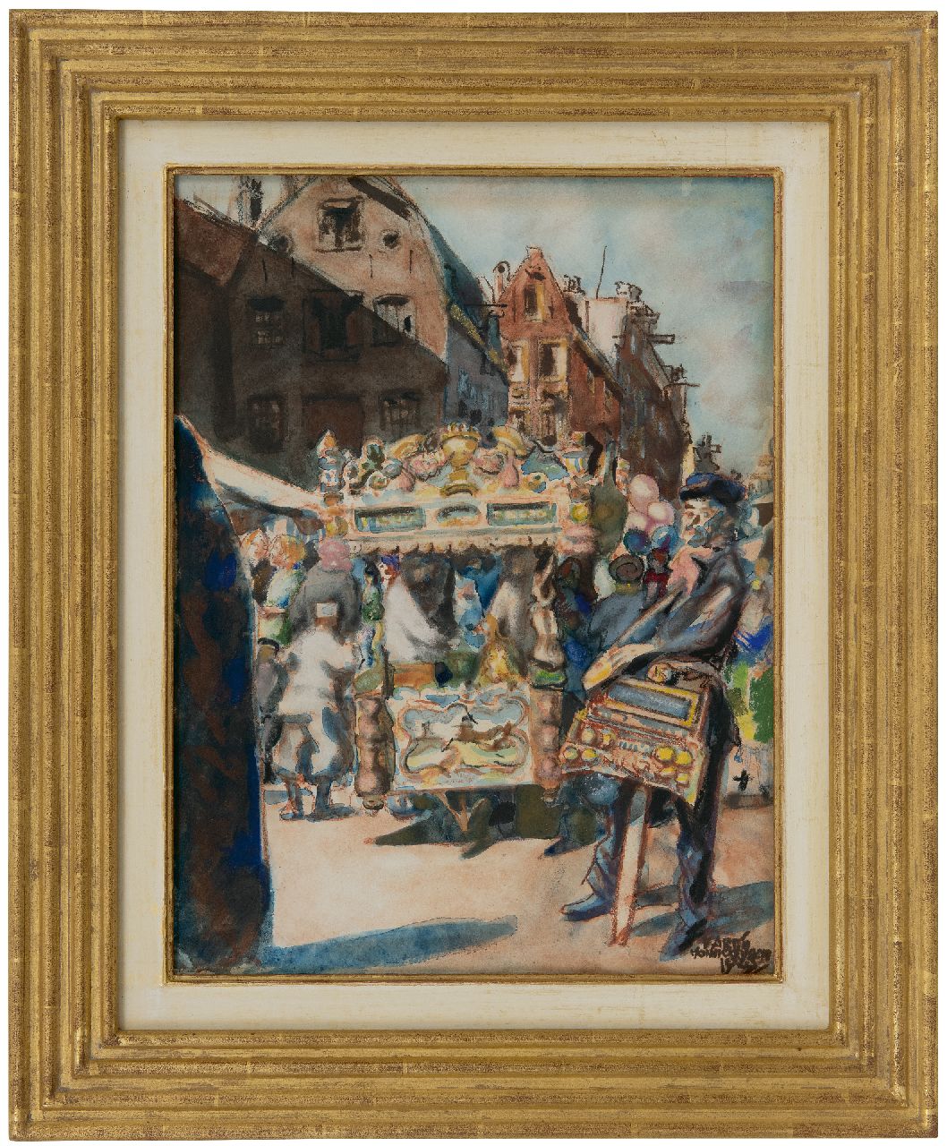 Monnickendam M.  | Martin Monnickendam, Ice cream cart and barrel organ at the Waterlooplein in Amsterdam, pastel and watercolour on paper 38.5 x 29.0 cm, signed l.r. and dated 1925