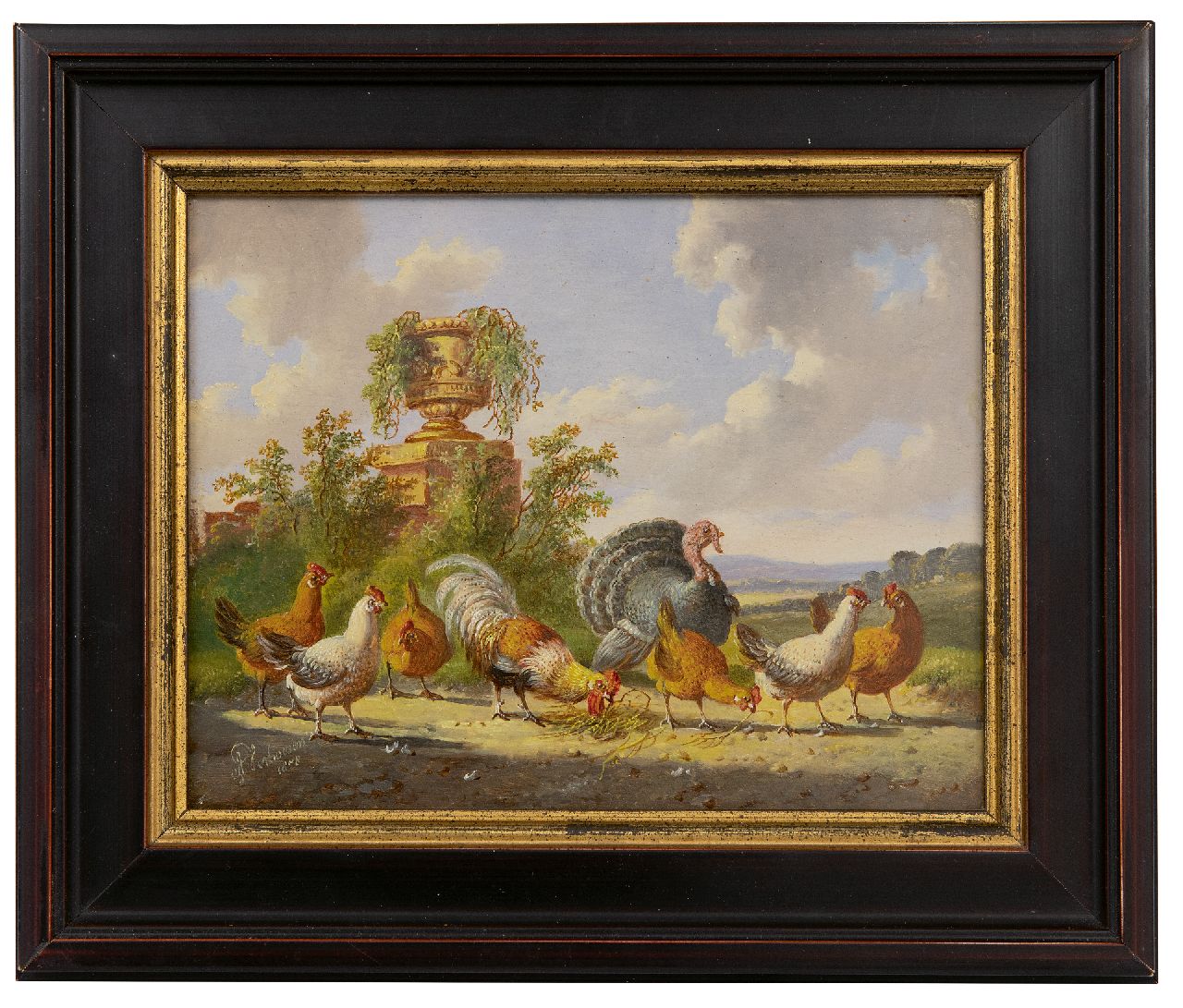 Verhoesen A.  | Albertus Verhoesen | Paintings offered for sale | Poultry in a landscape, oil on panel 14.3 x 18.6 cm, signed l.l. and dated 1878