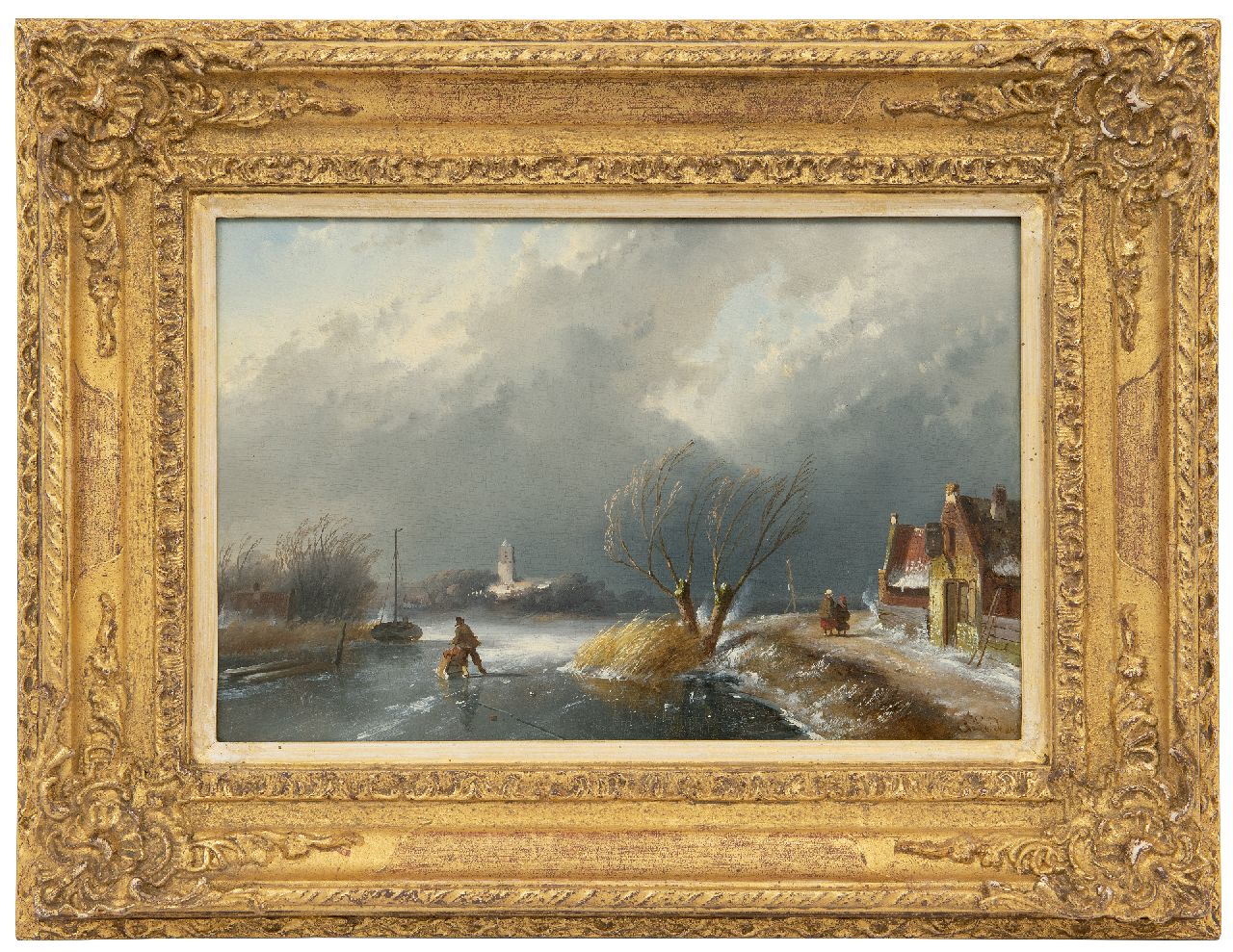 Leickert C.H.J.  | 'Charles' Henri Joseph Leickert | Paintings offered for sale | Winter landscape with upcoming snowstorm, oil on panel 23.0 x 34.9 cm, signed l.r.