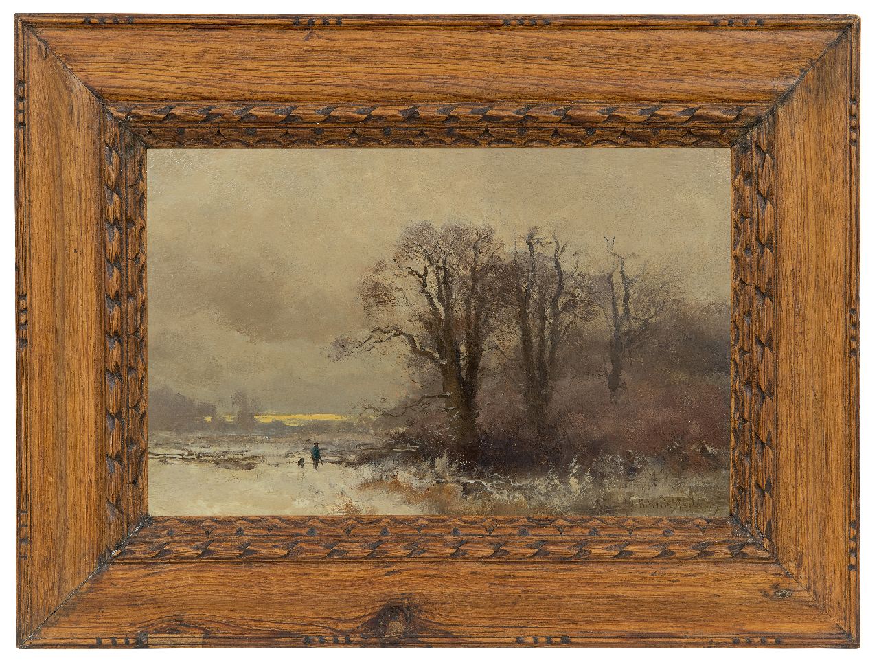 Hollestelle J.H.  | Jacob Huijbrecht Hollestelle | Paintings offered for sale | Hunter and his dog in a snowy landscape, oil on panel 20.5 x 31.6 cm, signed l.r. and dated '99