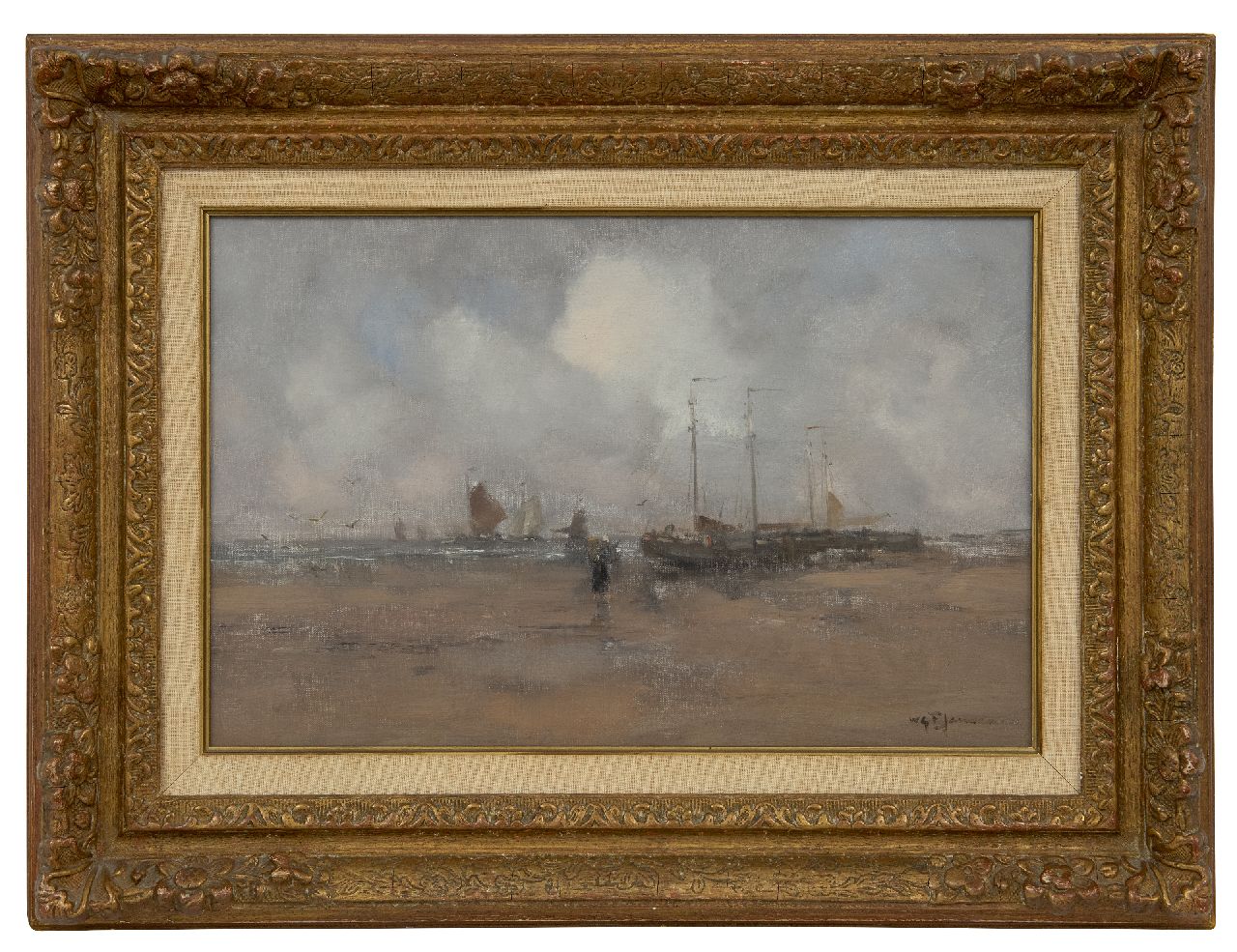 Jansen W.G.F.  | 'Willem' George Frederik Jansen | Paintings offered for sale | A beach scene with fisherman's wife and boats, oil on canvas 30.1 x 45.5 cm, signed l.r.