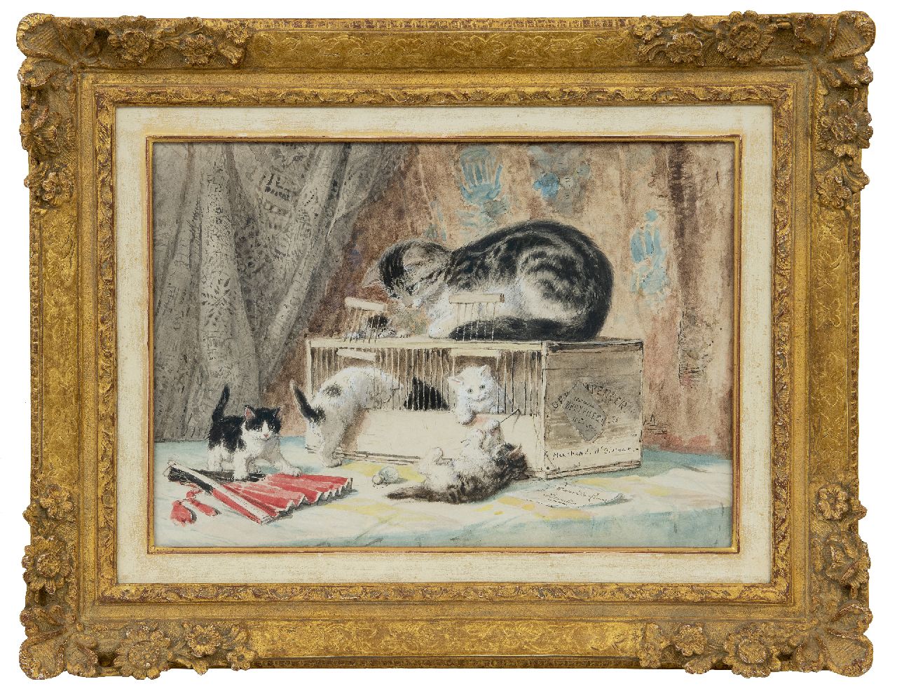 Ronner-Knip H.  | Henriette Ronner-Knip | Watercolours and drawings offered for sale | A cat and kittens playing with a birds cage, watercolour on paper 30.0 x 55.0 cm, signed l.r.