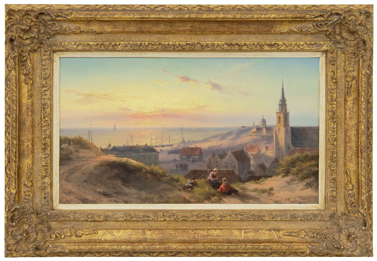 Koekkoek J.H.B.  | Johannes Hermanus Barend 'Jan H.B.' Koekkoek, Sunset at the beach at of Scheveningen, oil on panel 24.0 x 41.5 cm, signed l.l. and dated 1888
