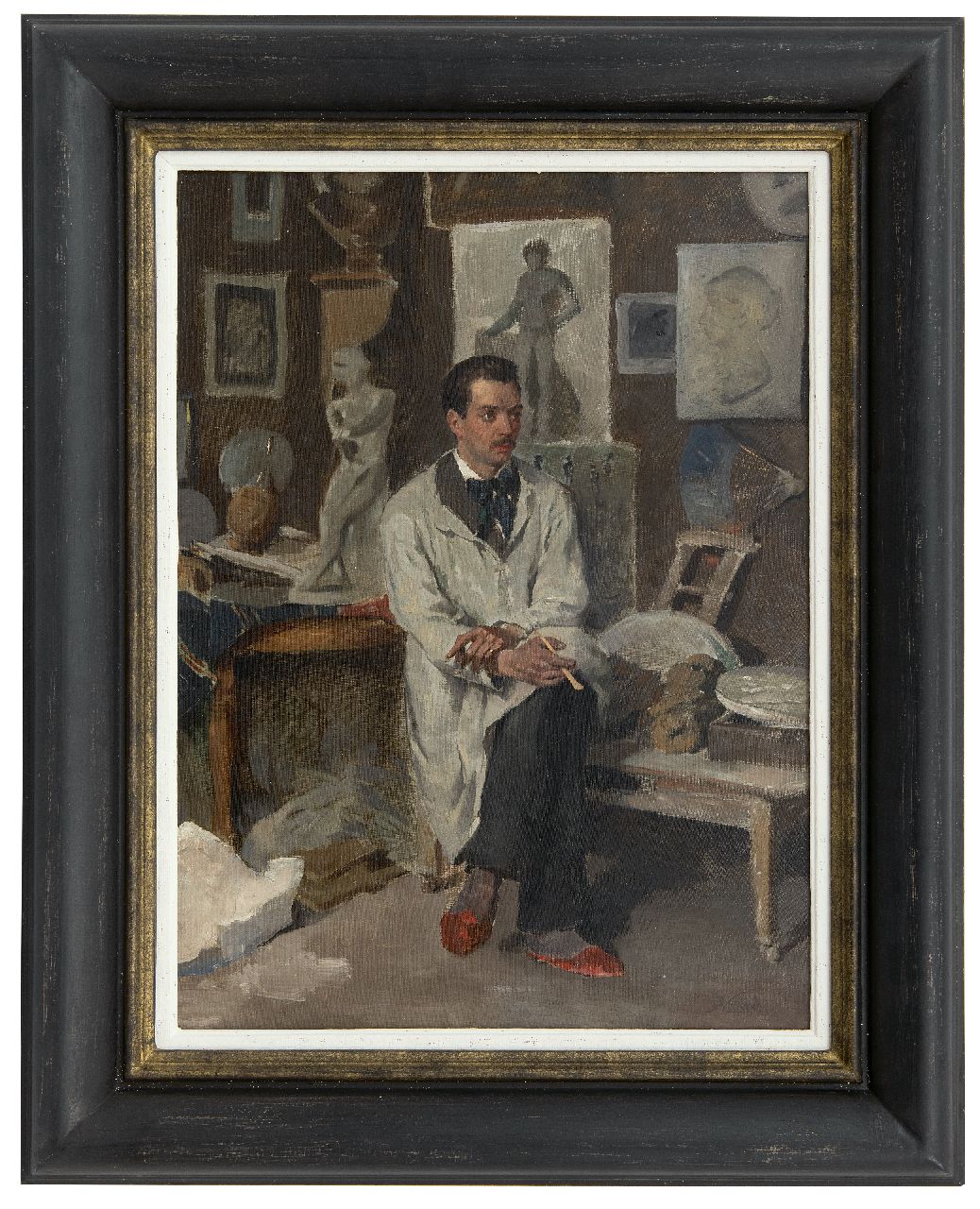 Weiland J.  | Johannes Weiland, Artist in his studio, oil on canvas 49.2 x 37.7 cm, signed l.r.