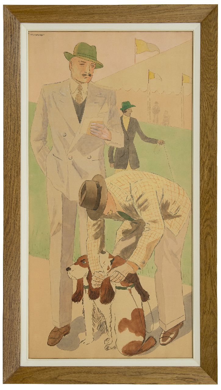 Hem P. van der | Pieter 'Piet' van der Hem | Watercolours and drawings offered for sale | At the dog show, watercolour on paper 127.4 x 68.0 cm, signed u.l.