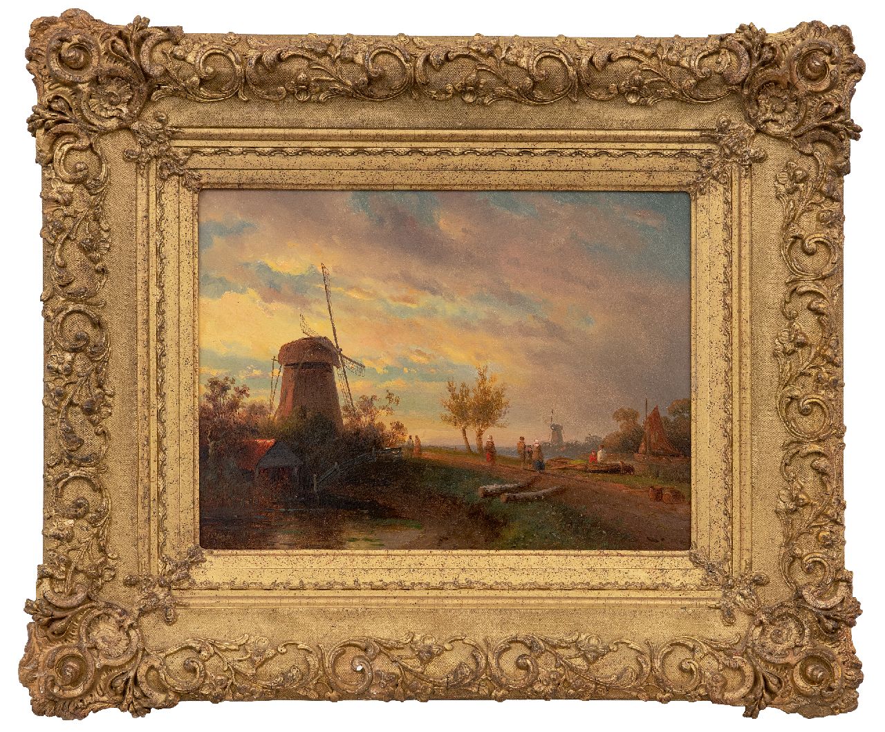 Vrolijk J.A.  | Jacobus 'Adriaan' Vrolijk | Paintings offered for sale | Mills and figures in a landscape, oil on panel 24.0 x 30.5 cm, signed l.l.