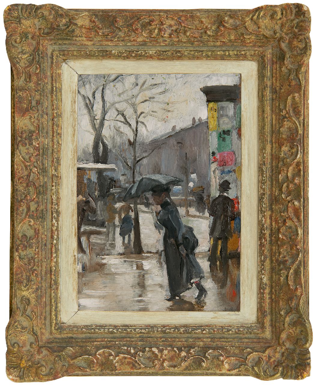 Hoeniger P.  | Paul Hoeniger, A rainy day along the Seine in Paris, oil on panel 24.7 x 16.9 cm, signed r.o.