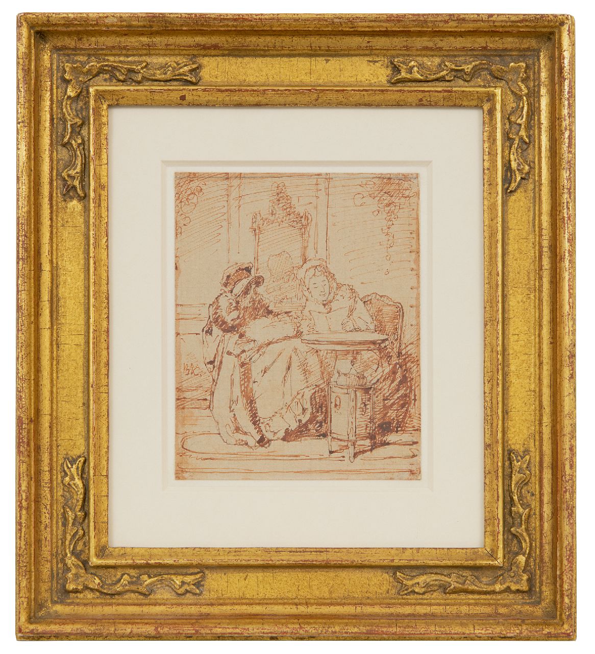 Bakker Korff A.H.  | Alexander Hugo Bakker Korff | Watercolours and drawings offered for sale | Reading the letter, pencil, pen and ink on paper 11.0 x 8.8 cm, signed c.l.. with monogram