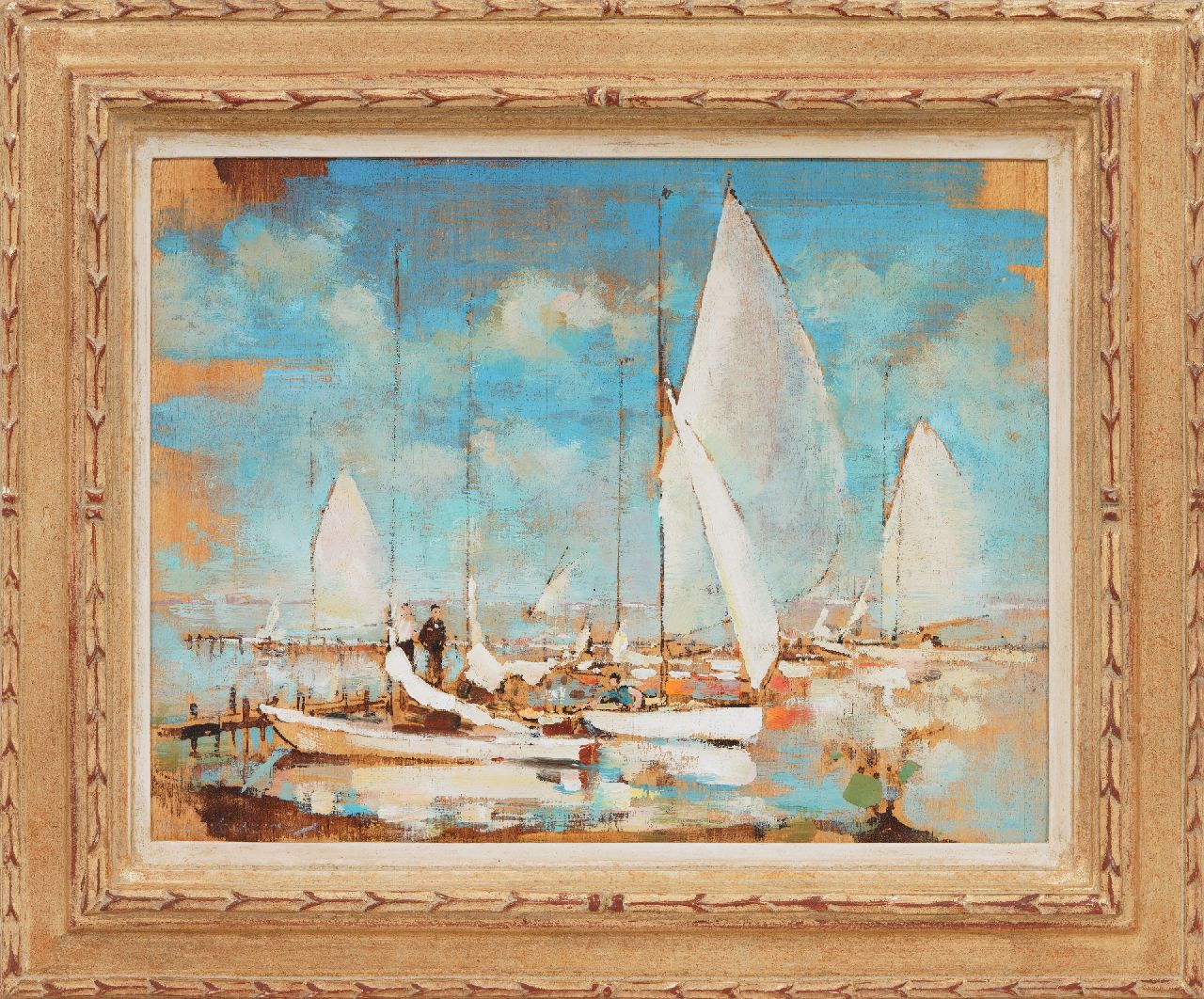 Kruizinga D.  | Dirk Kruizinga | Paintings offered for sale | Sailing boats at a jetty, oil on panel 27.0 x 35.0 cm, signed l.l.