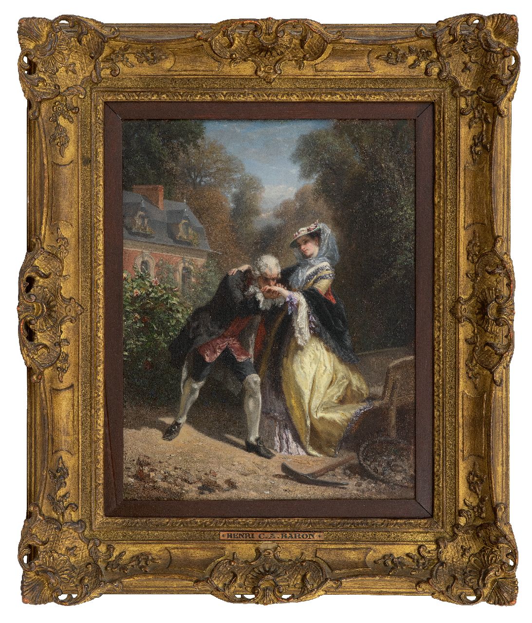 Baron H.C.A.  | 'Henri' Charles Antoine Baron, The hand kiss, oil on panel 36.2 x 28.3 cm, signed c.r.