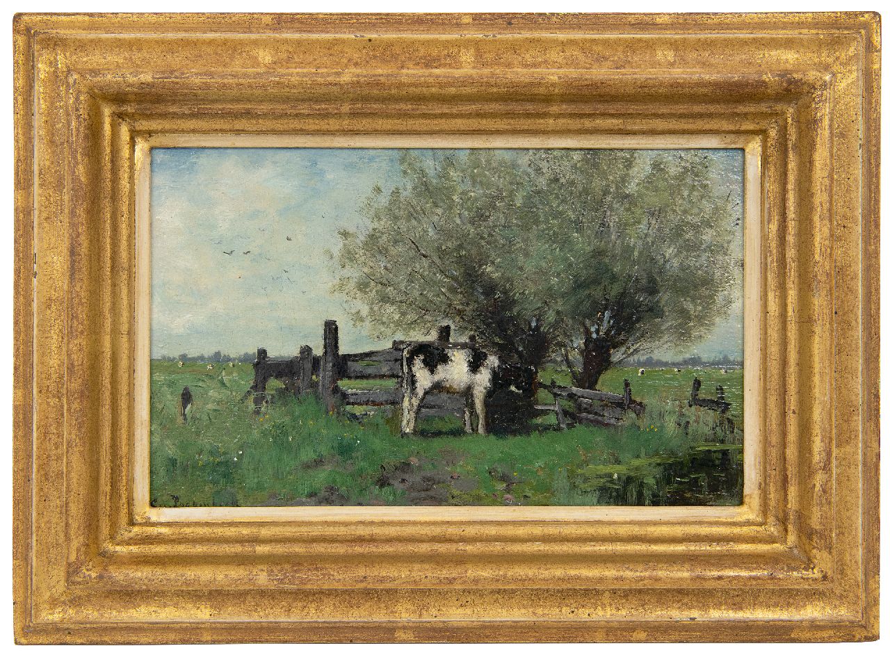 Poggenbeek G.J.H.  | George Jan Hendrik 'Geo' Poggenbeek | Paintings offered for sale | Young cow at a fence in the meadow, oil on panel 14.0 x 22.6 cm, signed l.l.