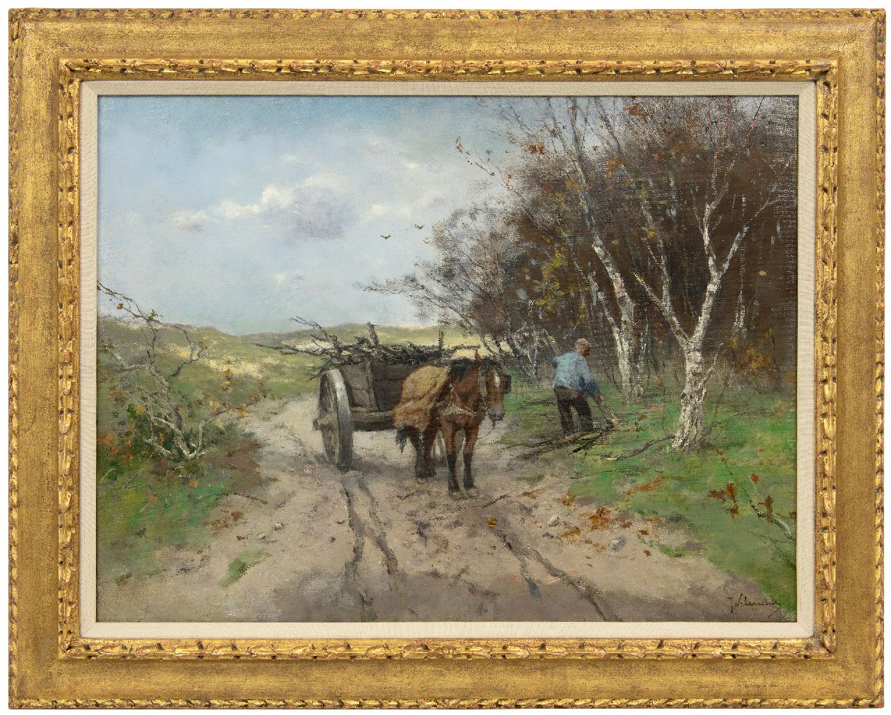 Scherrewitz J.F.C.  | Johan Frederik Cornelis Scherrewitz | Paintings offered for sale | Collecting wood with a horse cart in a dune landscape, oil on canvas 50.0 x 65.5 cm, signed l.r. and zonder lijst