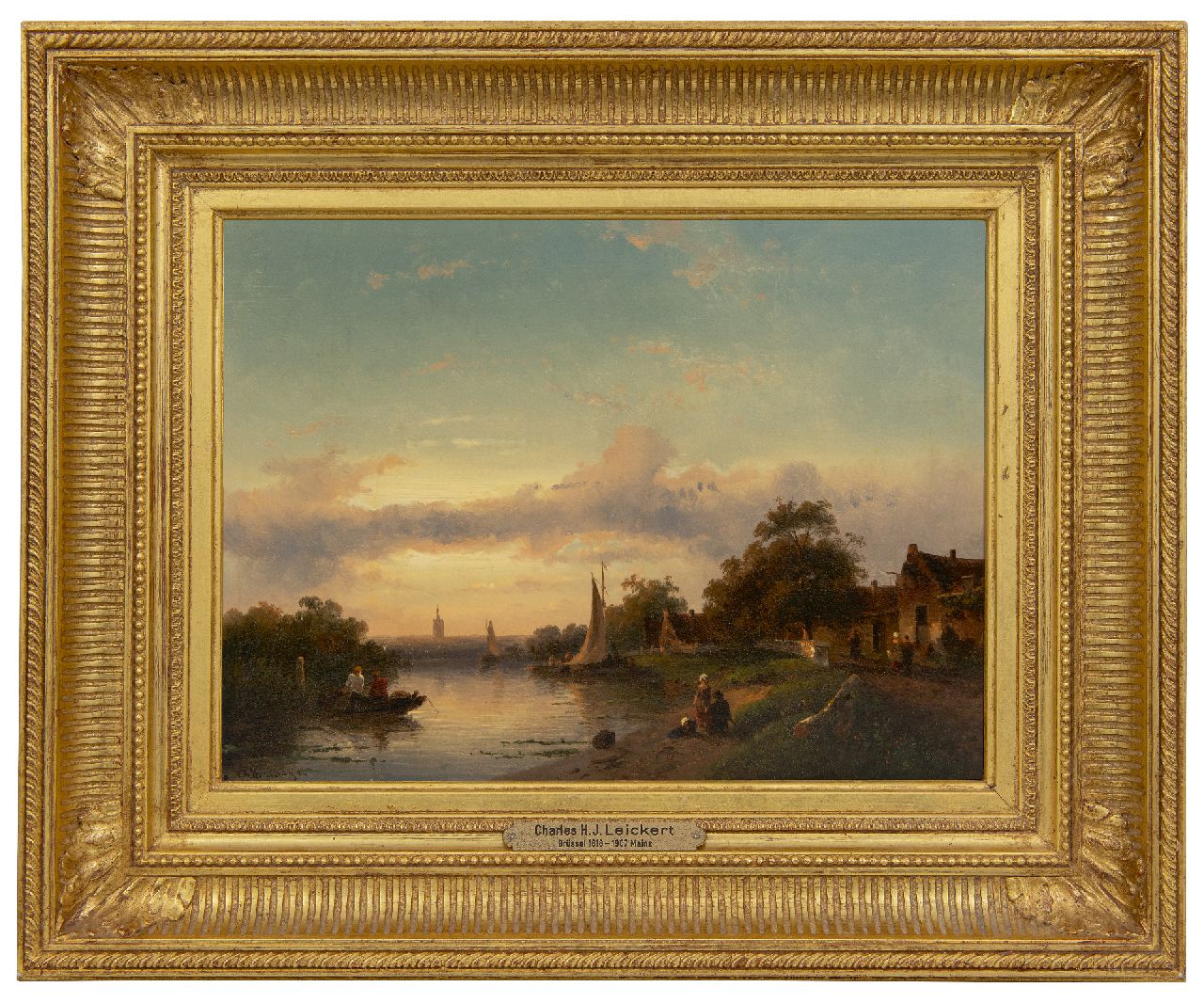 Leickert C.H.J.  | 'Charles' Henri Joseph Leickert | Paintings offered for sale | A river scene at sunset, oil on panel 23.0 x 31.6 cm, signed l.l. and dated '54