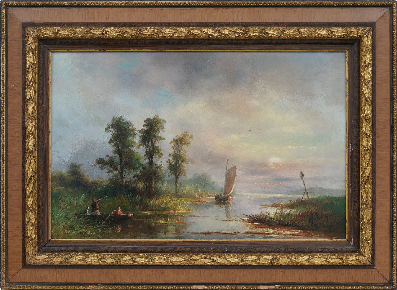 Prooijen A.J. van | Albert Jurardus van Prooijen, Lake landscape with hunter and sailing ship, oil on panel 38.0 x 60.2 cm, signed l.r. and dated '97