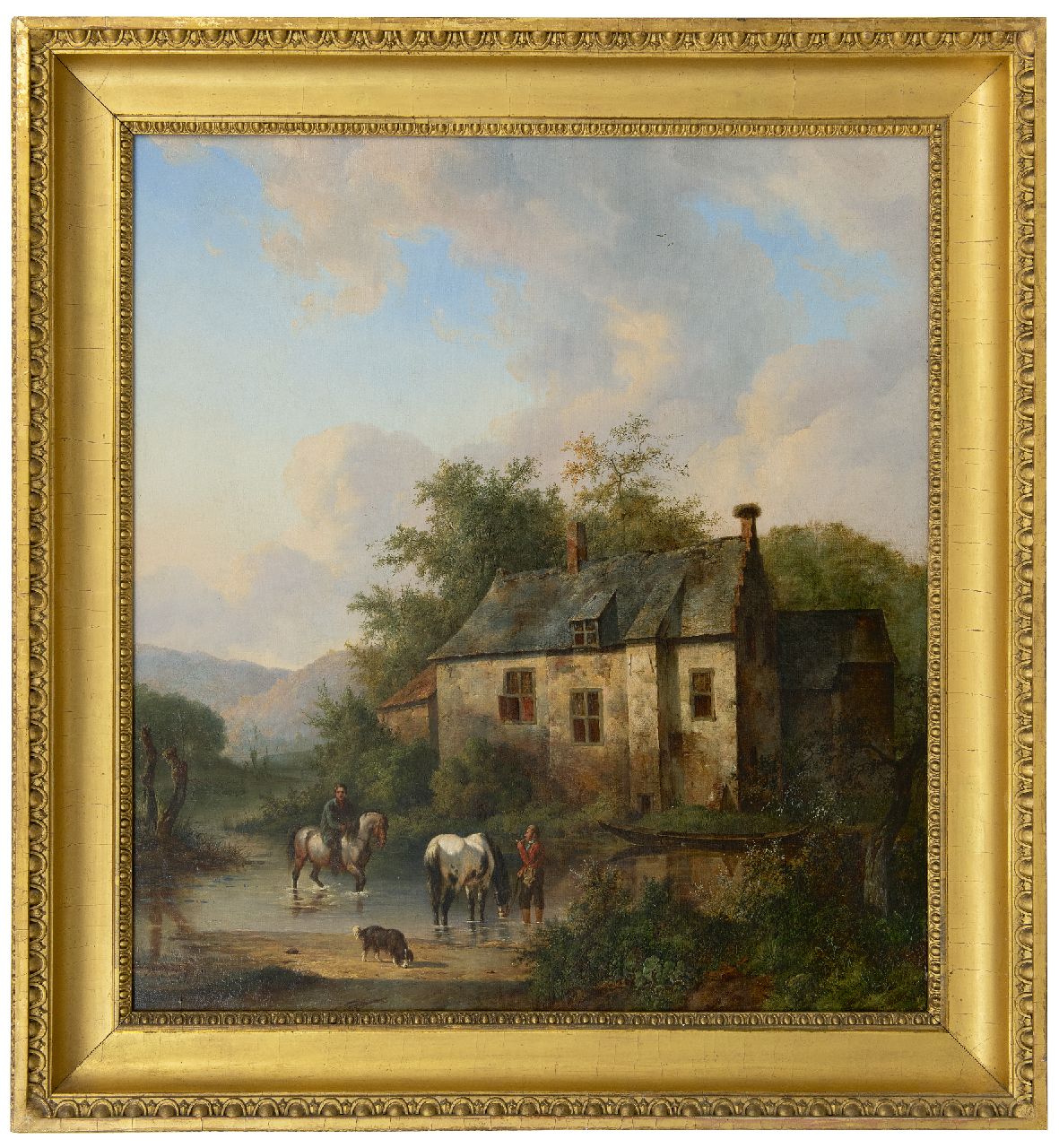 Verschuur W.  | Wouterus Verschuur, View of the 'Leenkamer' of Kasteel Stapelen in Boxtel with dog, horses and riders, oil on canvas 70.5 x 63.7 cm, signed l.l