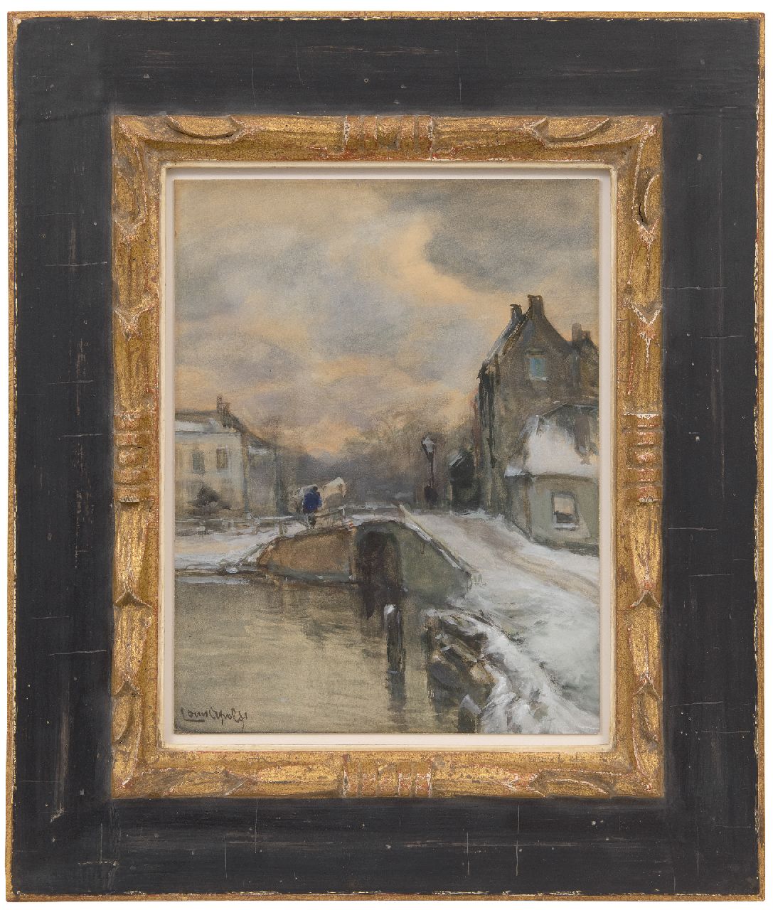 Apol L.F.H.  | Lodewijk Franciscus Hendrik 'Louis' Apol | Watercolours and drawings offered for sale | Dutch village canal in the snow, watercolour on paper laid down on board 28.7 x 22.1 cm, signed l.l.