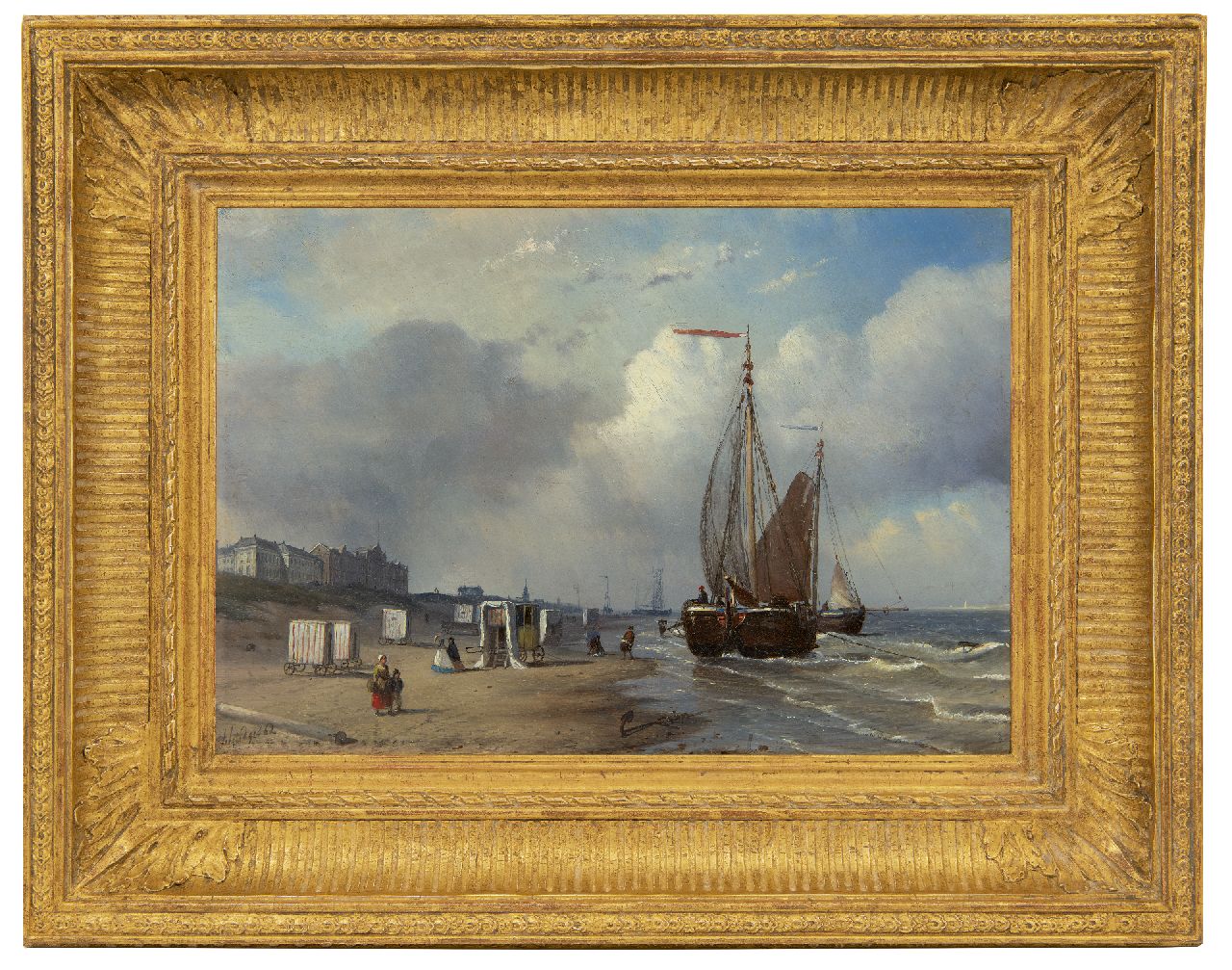 Schiedges P.P.  | Petrus Paulus Schiedges | Paintings offered for sale | The beach of Scheveningen with bathing carriages, fishermen and fishing boats, oil on panel 23.5 x 34.4 cm, signed l.l. and dated '62