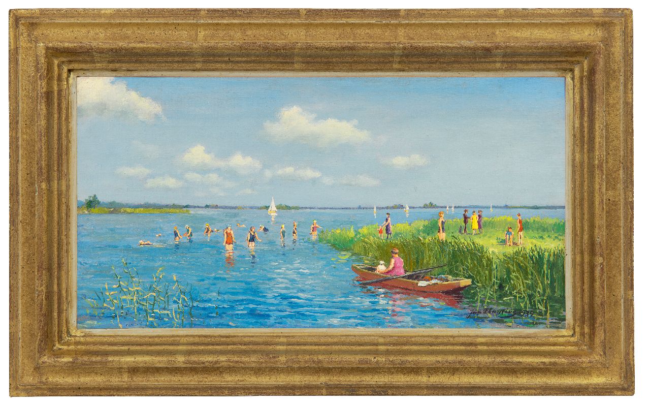 Planting J.  | Jan Planting, Summer swimming fun at De Leien in Friesland, oil on canvas 19.6 x 37.1 cm, signed l.r. and dated 1939